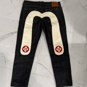 Evisu Black Jeans with White and Red Design